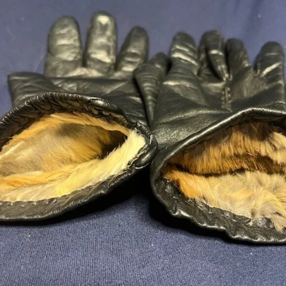 VTG Real Fur Lined Soft Leather Gloves Black Size: Sm-Med